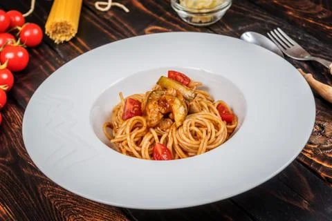 Spaghetti with chicken meat Stock Photos