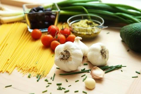Spaghetti cooking ingredients Stock Photos