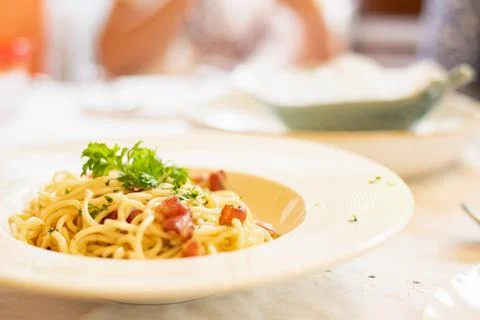 Spaghetti with crispy bacon Stock Photos
