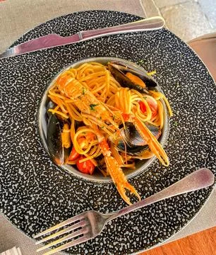 Spaghetti dish with seafood Stock Photos