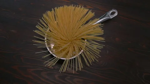Spaghetti falling into the pan in slow motion Stock Footage 221495975