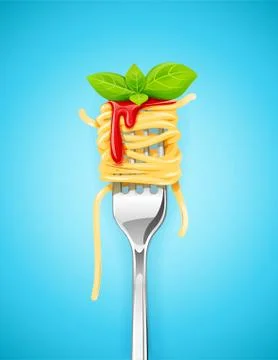 Spaghetti at fork with basil and sauce. Stock Illustration