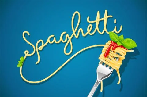 Spaghetti at fork with basil and sauce. Stock Illustration