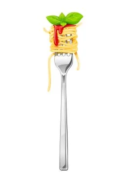 Spaghetti at fork with basil and sauce. Stock Illustration