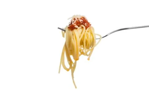 Spaghetti on fork with fresh tomato sauce, grated parmesan cheese, isolated o Stock Photos