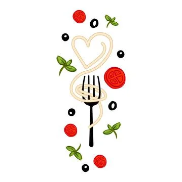 Spaghetti on fork illustration with decor. Isolated on white background. Stock Illustration