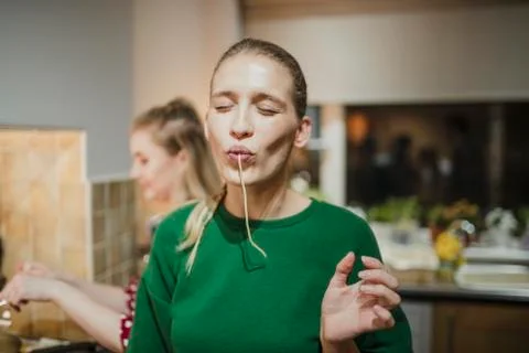 Spaghetti Fun at a Dinner Party Stock Photos
