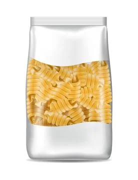 Spaghetti fusilli package. Realistic raw pasta packaging, transparent celloph Stock Illustration