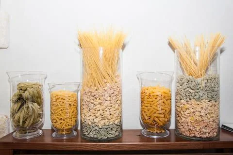 Spaghetti in  glass container Stock Photos