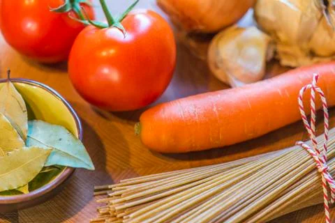 Spaghetti ingredients Stock Photos