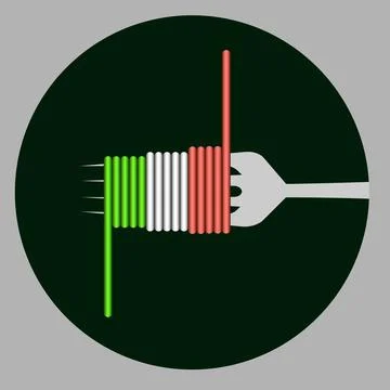 Spaghetti logo on a fork in the three colors of the italian flag Stock Illustration