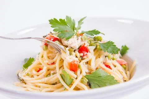 Spaghetti with mackerel &amp; vegetable Fotos de archivo