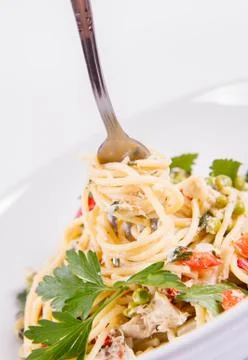 Spaghetti with mackerel &amp; vegetable Stock Photos