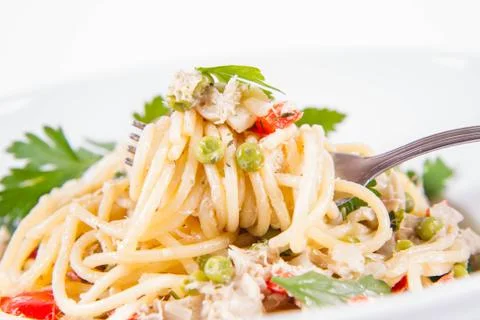 Spaghetti with mackerel &amp; vegetable Stock Photos