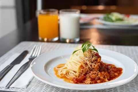Spaghetti with meat souce Stock Photos