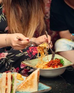Spaghetti with meat in tomato Stock Photos