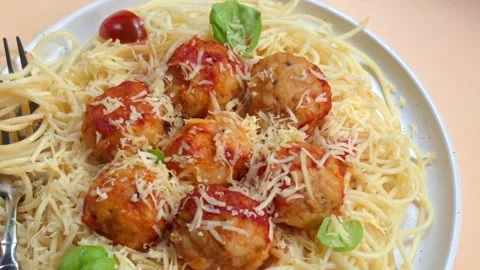 Spaghetti with meatballs in tomato sauce Stock Footage 307759530