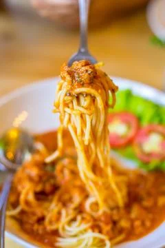 Spaghetti with minced beef tomato Foto stock