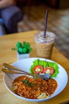 Spaghetti with minced beef tomato 스톡 사진