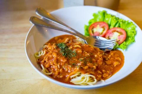 Spaghetti with minced beef tomato Fotos Stock