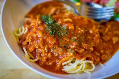 Spaghetti with minced beef tomato Fotos Stock