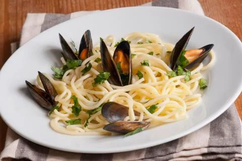 Spaghetti with mussels Stock Photos