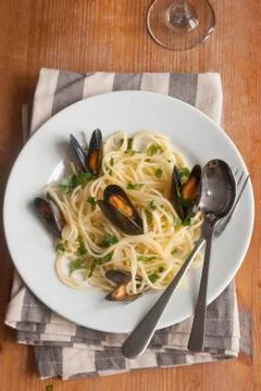 Spaghetti with mussels Stock Photos