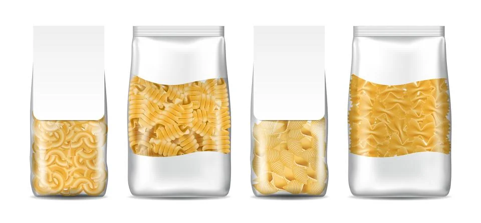 Spaghetti package set. Different types noodles in cellophane packaging, white Stock Illustration