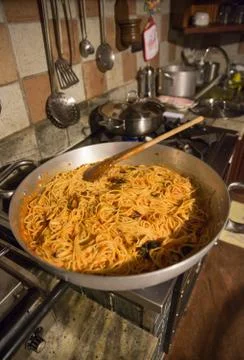 Spaghetti in the pan Stock Photos
