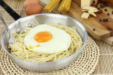 Spaghetti pasta with fried egg Stock Photos