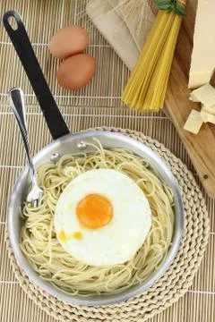 Spaghetti pasta with fried egg Stock Photos