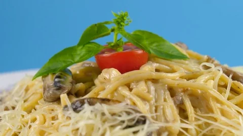Spaghetti pasta with grilled mushrooms, camera moves from bottom to top Stock Footage 78666486