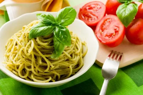 Spaghetti with pesto Stock Photos