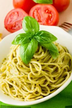Spaghetti with pesto Stock Photos