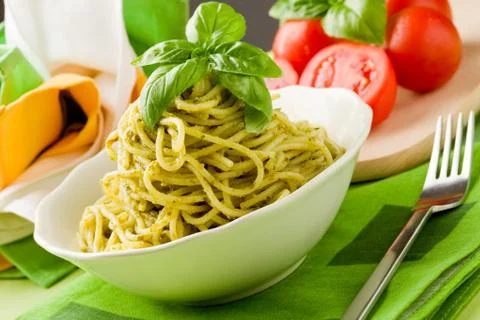 Spaghetti with pesto Stock Photos