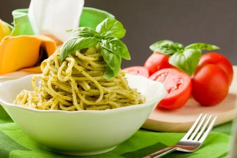 Spaghetti with pesto Stock Photos