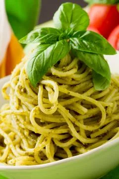 Spaghetti with pesto Stock Photos