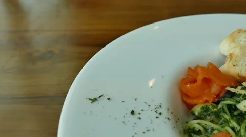 Spaghetti pesto with salmon Stock Footage 67967370