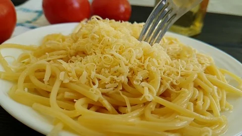Spaghetti plate cheese fork, slow-motion Stock Footage 88632815