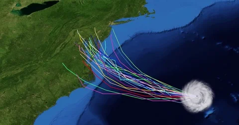 Spaghetti plot of a hurricane with landfall  at the Delmarva Peninsula Stock Footage 81149386