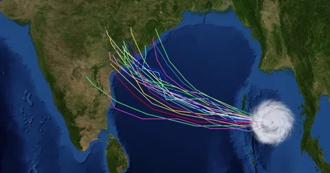 Spaghetti plot of a hurricane with landfall at east India Stock Footage 81303930