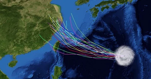 Spaghetti plot of a hurricane with landfall at eastern China Stock Footage 81258124