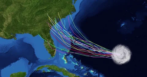 Spaghetti plot of a hurricane with landfall  at Florida's east coast Vídeos de archivo 81149059