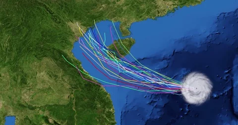 Spaghetti plot of a hurricane with landfall at the Gulf Of Tonkin Vídeos de archivo 81258268
