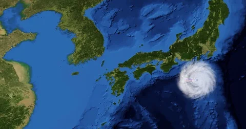 Spaghetti plot of a hurricane with landfall at the Korean Peninsula Stock Footage 81258166