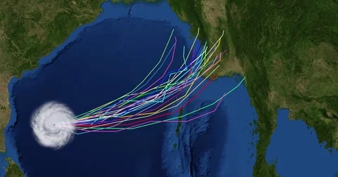 Spaghetti plot of a hurricane with landfall at Myanmar Stock Footage 81304051