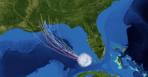 Spaghetti plot of a hurricane with landfall  at New Orleans Vídeos de archivo 81149325