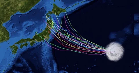 Spaghetti plot of a hurricane with landfall at northern Japan Vídeos de archivo 81258102