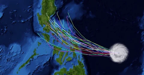 Spaghetti plot of a hurricane with landfall at the northern Philippines Stock Footage 81258230
