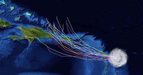 Spaghetti plot of a hurricane with landfall at Puerto Rico Stock Footage 81258317
